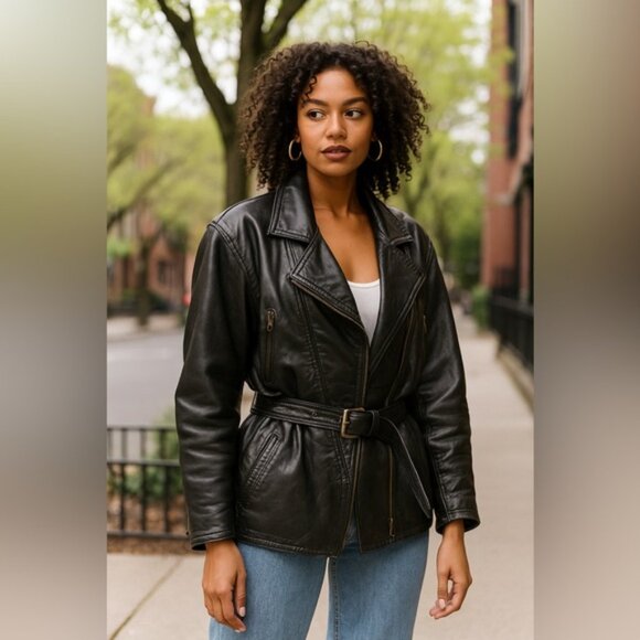 Vintage black leather belted moto jacket - made in Canada size large - Picture 11 of 11